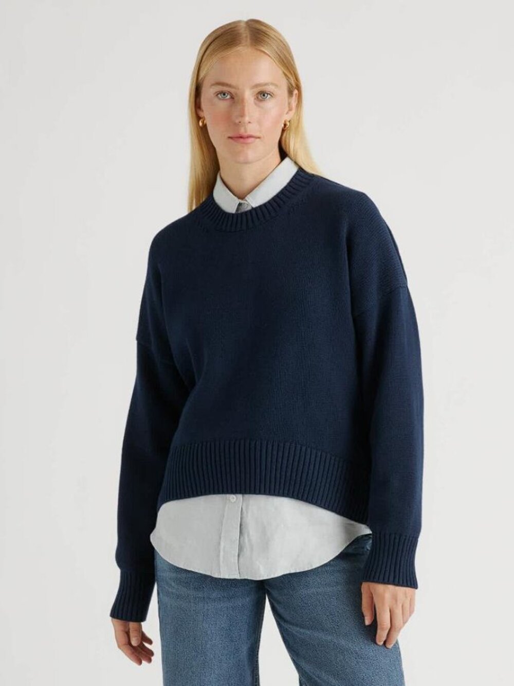 QUINCE Women's 100% Organic Cotton Boyfriend Crew Sweater Size M in Navy